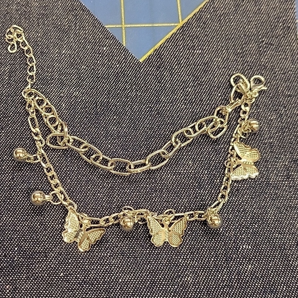 Silver Tone Double Layer Bracelet Butterfly 6.5" + 2" Extension